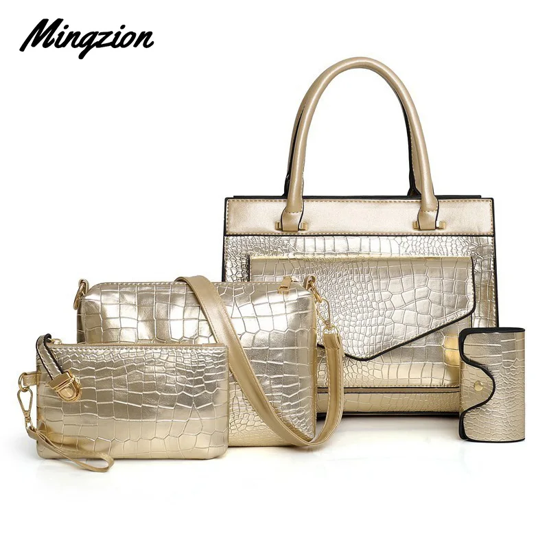 

Mingzion 4Pcs Set Luxury Crocodile Women Bag Leather Vintage Female Handbags Set Large Capacity Lady Shoulder Bag Female Wallet