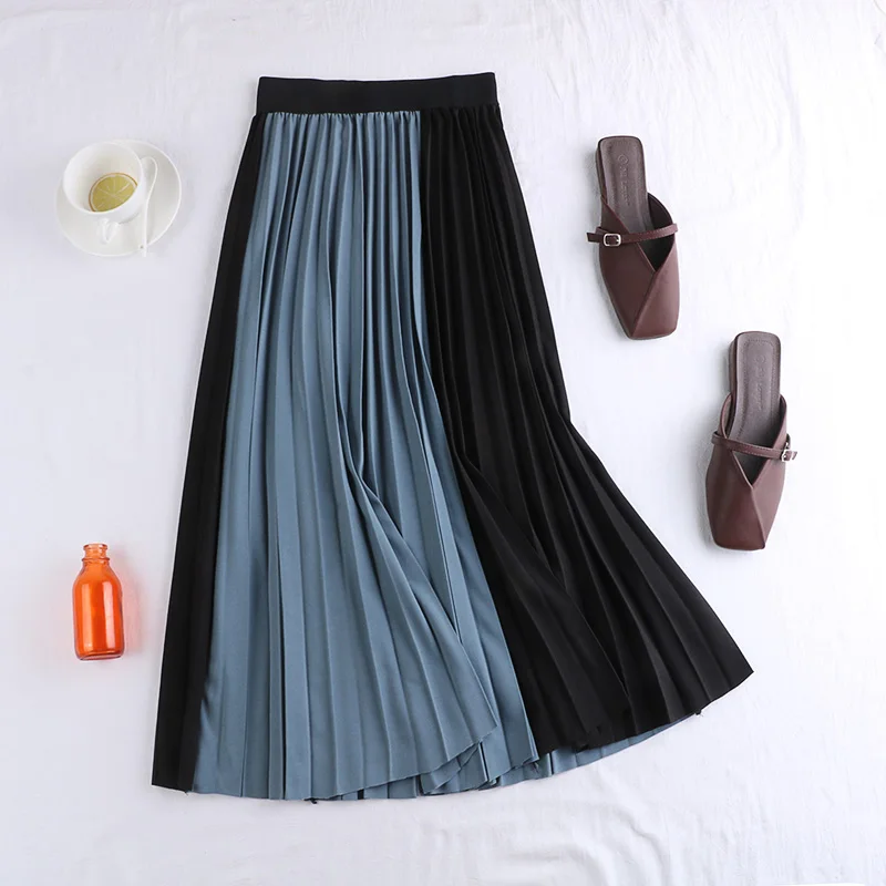 blue skirt Весна осень Лоскутные цветные Jupe Longue Femme корейские женские праздничные вечерние юбки с высокой талией шифоновые плиссированные юбки для женщин - Цвет: blue skirt