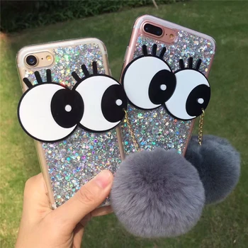 

Bling glitter sequins cute big eyes hair ball silicone phone case for iphone X XR XS MAX 6S 7 8 plus for samsung S8 S9 S10 Note