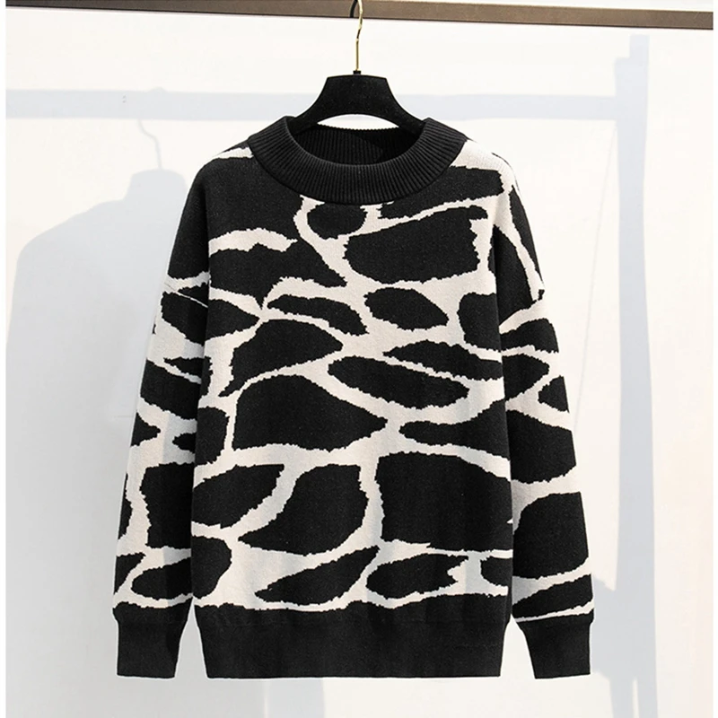 

Autumn and winter new fashion plus size Leopard sweater 9XL 8XL 7XL elastic ladies round neck pullover casual loose sweater