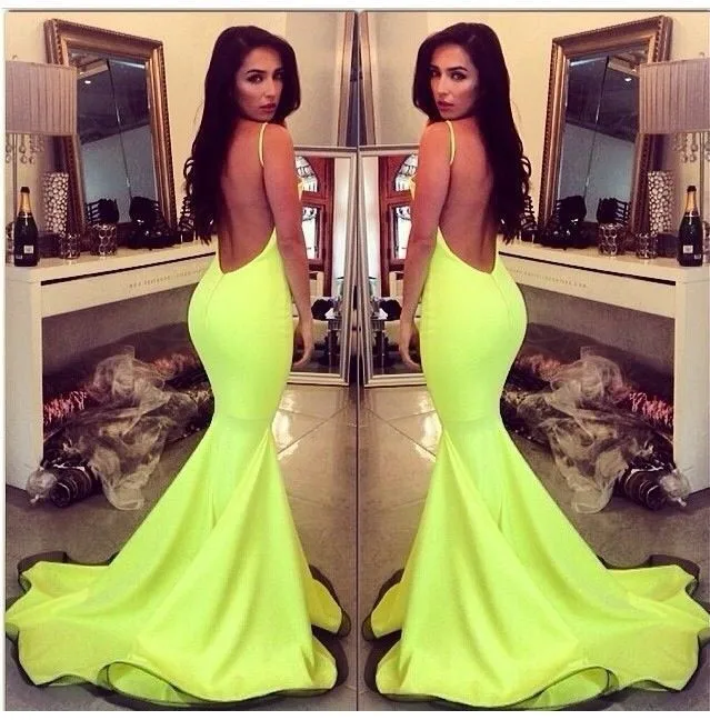 

Fluorescent Green Mermaid Prom Dresses 2019 Spaghetti Strap Backless Floor-Length Elegant Evening Dress vestido de festa longo