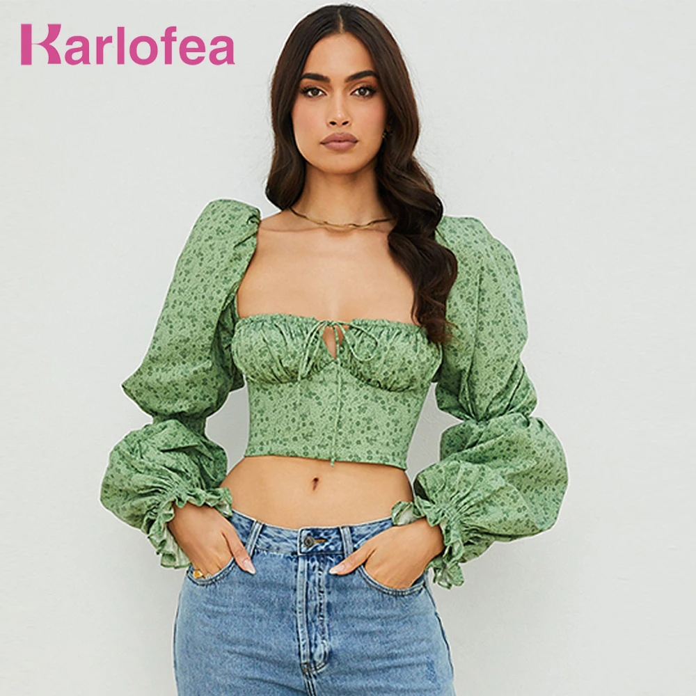 

Женский топ с квадратным вырезом Kealofea, зеленый топ с пышными длинными рукавами, Повседневная летняя винтажная блузка с цветочным принтом, 2021