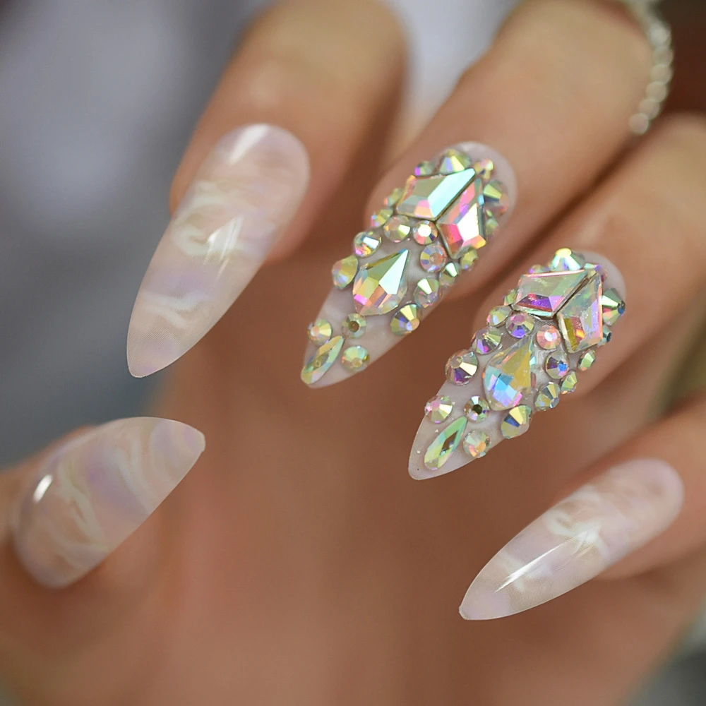 Gorgeous Luxury Press On Nails Extra Long Light Marble Colorful Crystal Faux Ongles with Large Rhistones AB Perfect Party - Цвет: L5413