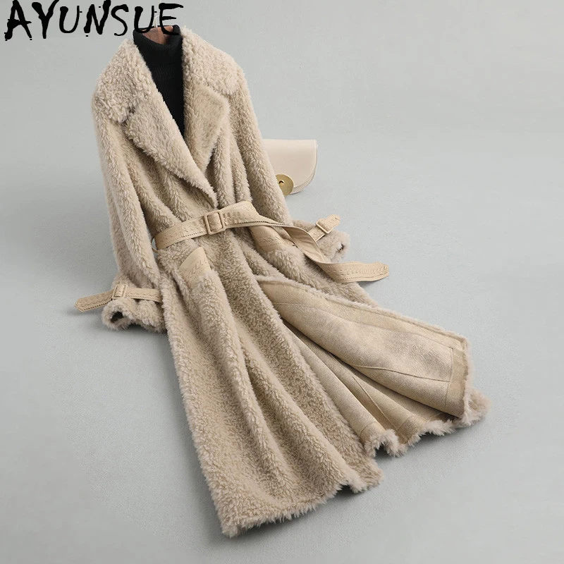 AYUNSUE/женская шуба из овечьей шерсти; шубы; зимняя куртка для женщин; шерстяное пальто с кожаным поясом; корейские длинные куртки; MY