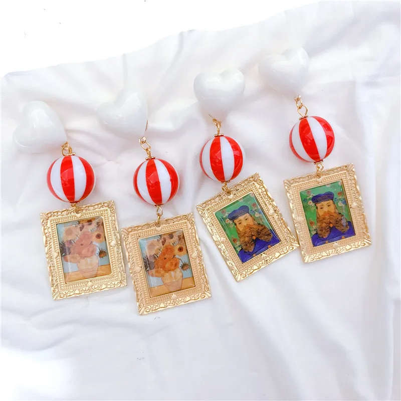 

Exaggerate Alloy Drop Earrings Women Van Gogh Sunflower Vintage Famous Painting Acrylic Red Heart Dangle Earrings Party Jewelry