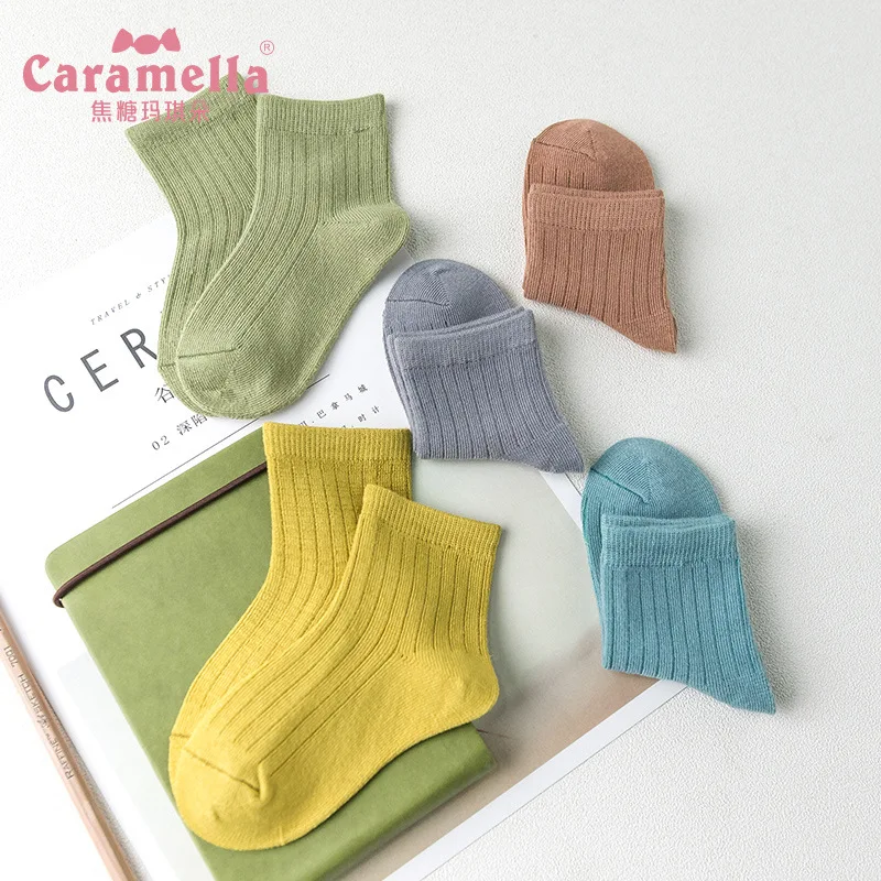Caramella/Хлопковые носки для малышей; сезон весна-лето; Мягкие короткие детские носки для девочек и мальчиков; мягкие Чулочные изделия; модные однотонные детские носки