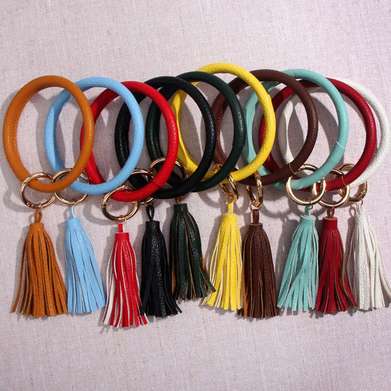 

Flatfoosie 2019 New PU Leather O Bracelet KeyChains Circle Cute Same Color Tassel Wristlet Keychain Wholesale Women Girls Gifts