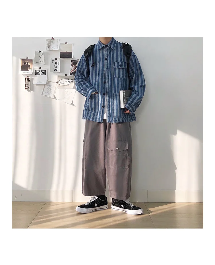 Striped multi-pocket denim shirt jacket 2021 spring and autumn men's tooling all-match loose collar jacket Mens Jean Coat