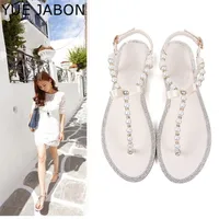 Perle sandales femmes dames été bohême plage sandale chaîne perle décontracté boucle sangle chaussures plates bout ouvert chaussures femme tongs 3