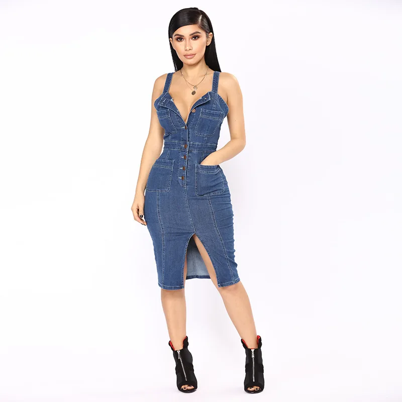 2021 Summer Trend New Halter Denim Dress Sexy Ladies Deep V Button Tight Halter Dress Fashion Casual Blue Denim Skirt