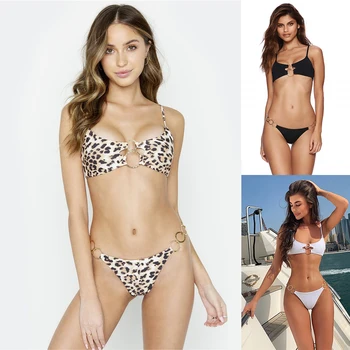 

Fashion Chain Accessories Women Bikini Set Leopard Bandage Swimsuit Solid Black Thong Bathing Suit Low Waist Maillot De Bain