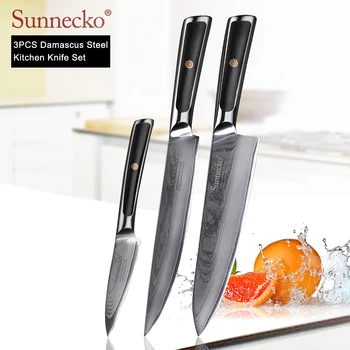 

SUNNECKO Damascus Chef Slicing Paring Knife Japanese VG10 Steel Blade G10 Handle 3PCS Kitchen Knives Set Meat Fruit Cutter Tools