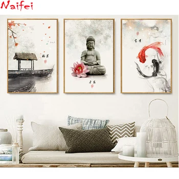 

Triptych Chinese pink Flowers Buddha diy Diamond Painting Diamond Embroidery Full square round drilling 5d Diamond Mosaic kits