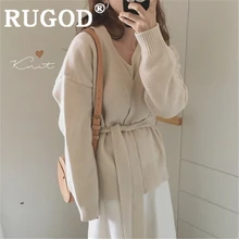 RUGOD/женский однотонный теплый свитер, кардиган, винтажный свитер с v-образным вырезом, свободное трикотажное пальто со шнуровкой, новое осеннее элегантное корейское пальто