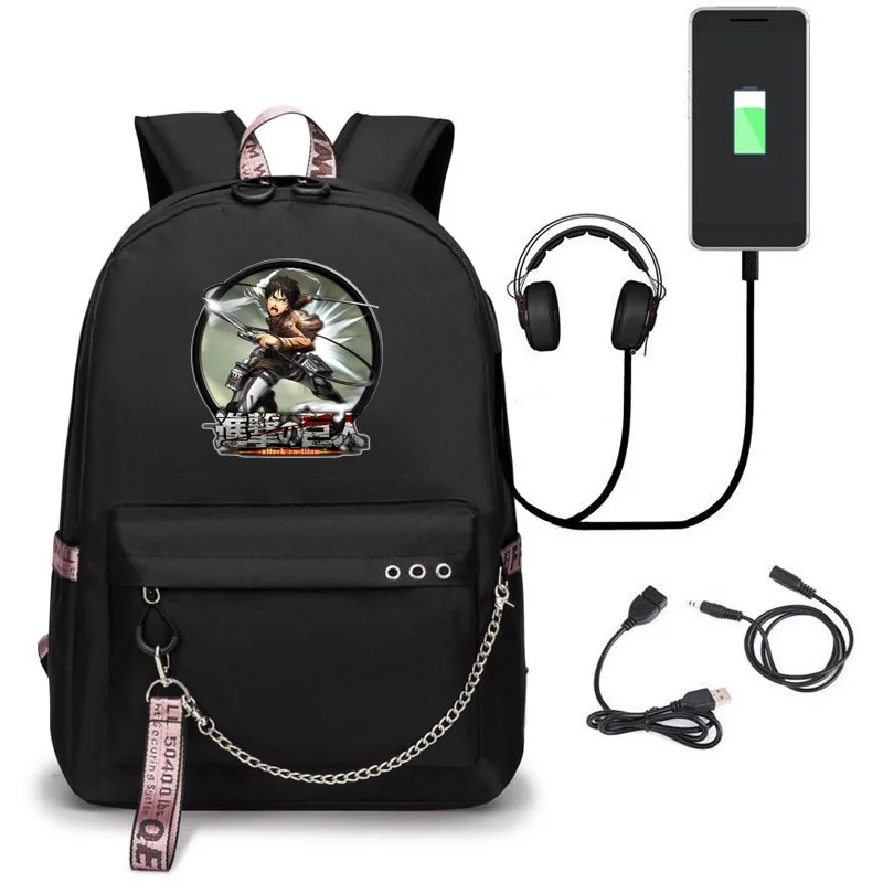 Attack on Titan Backpack Eren Cosplay Bag Shingeki No Kyojin USB Charging Schoolbag Unisex Daily Mochila Halloween Carnival | Багаж и