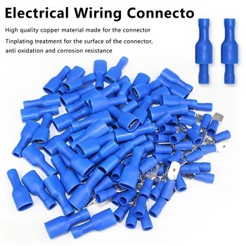 

100pcs 50pairs 6.3mm 16-14AWG Female Male Electrical Wiring Connector Insulated Crimp Terminal Spade Blue FDFD2-250 MDD2-250