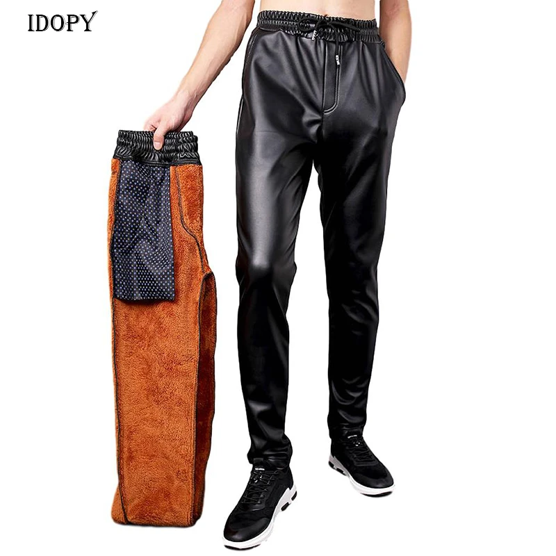 aladdin pants Idopy Men`s Winter Warm Faux Leather Joggers Harem Pants Fleece Lined Elastic Waist Drawstring PU Joggings Trousers For Male harem outfit