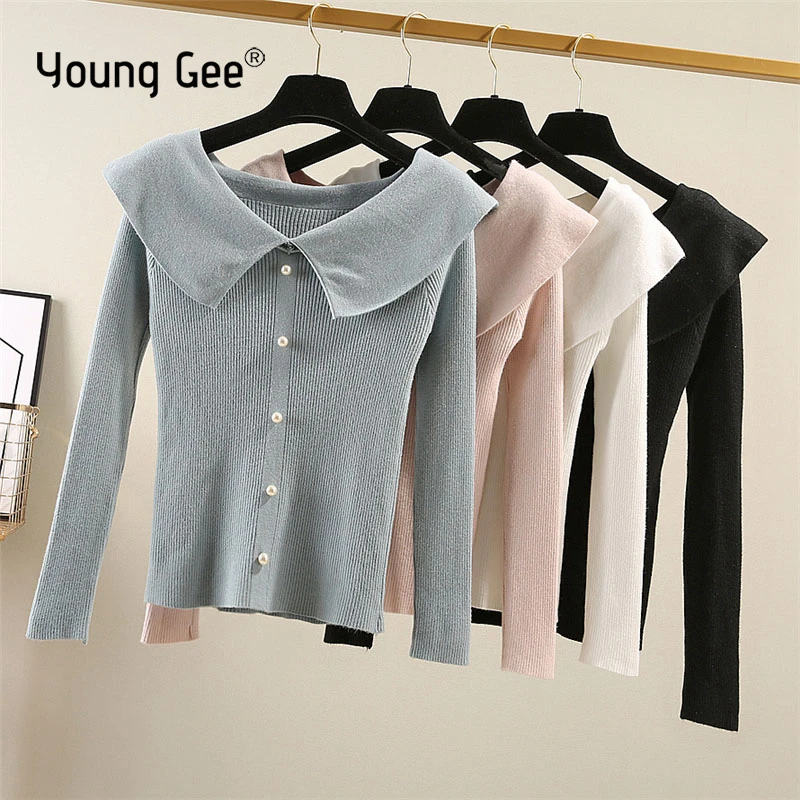 Young Gee 2019 autumn winter sweet macaron sweaters women fashion sexy big elastic pullover Long sleeve knitted tops | Женская одежда