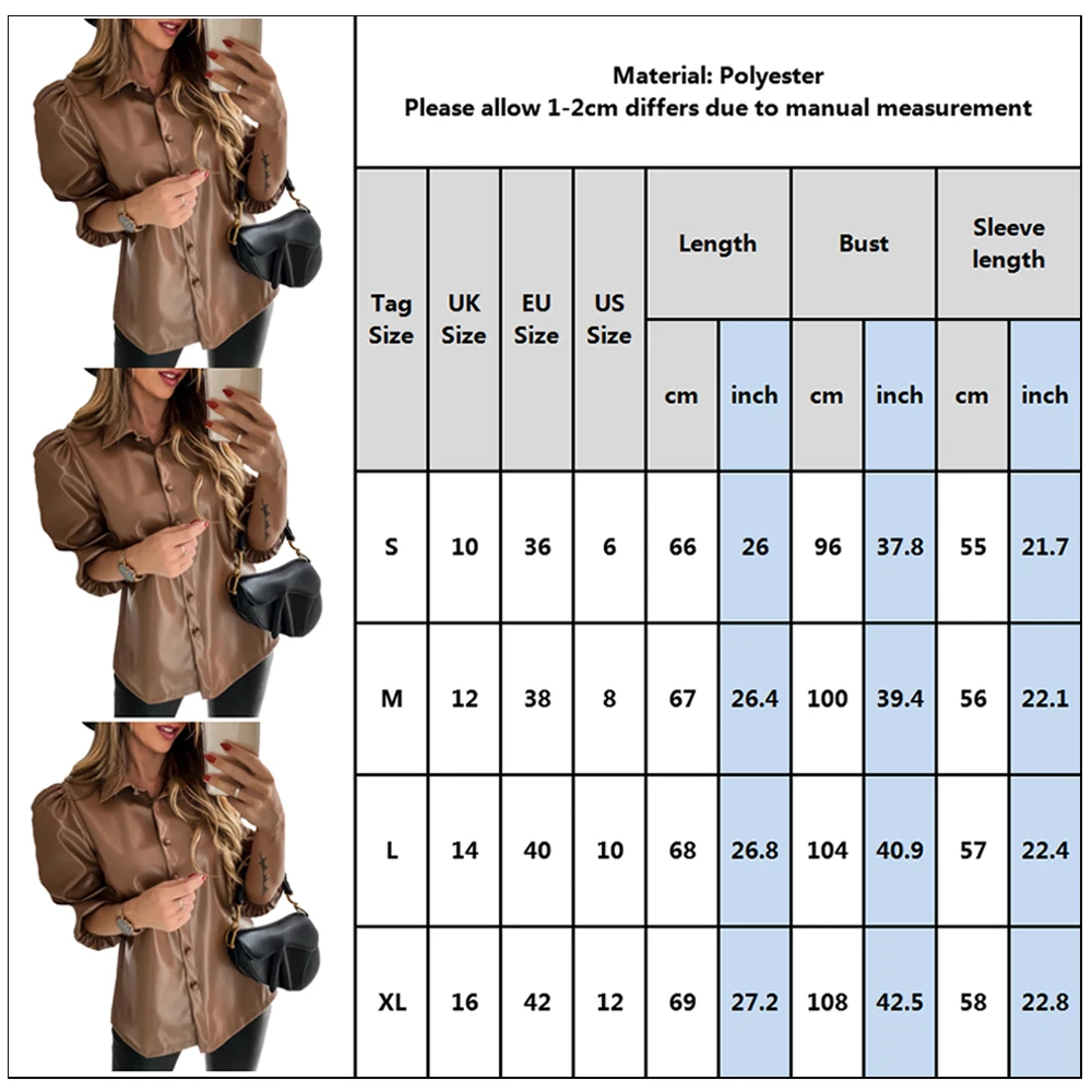 Leather Shirts Blouses Woman 2019 New Casual Lapel Pull Sleeve Khaki Tops Spring Autumn Ladies Button PU Shirt Women Blouse D30