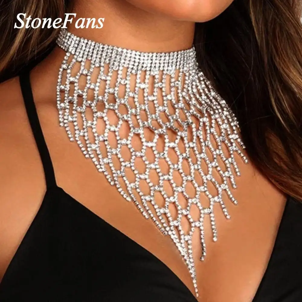 StonefansExaggeratedLongTasselRhinestoneChokerNecklaceforWomen
