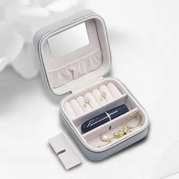 

Portable Jewelry Box Leather Hand Jewelry Storage Box Travel Storage Necklace Earrings Lipstick Makeup Case Holder Mirror Gift