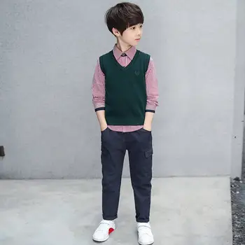 

2019 Spring Autumn New Kids Boys Casual Suit Clothing Children Striped Shirt + Embroidery Sweater Vest + Pants 3pcs Sets F134