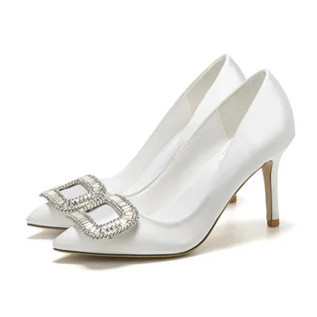 

2020 New High Heels Pump Pointed Toe Ladies Shoes Brand Design Luxury Crystal white Wedding Shoes Women Shoes