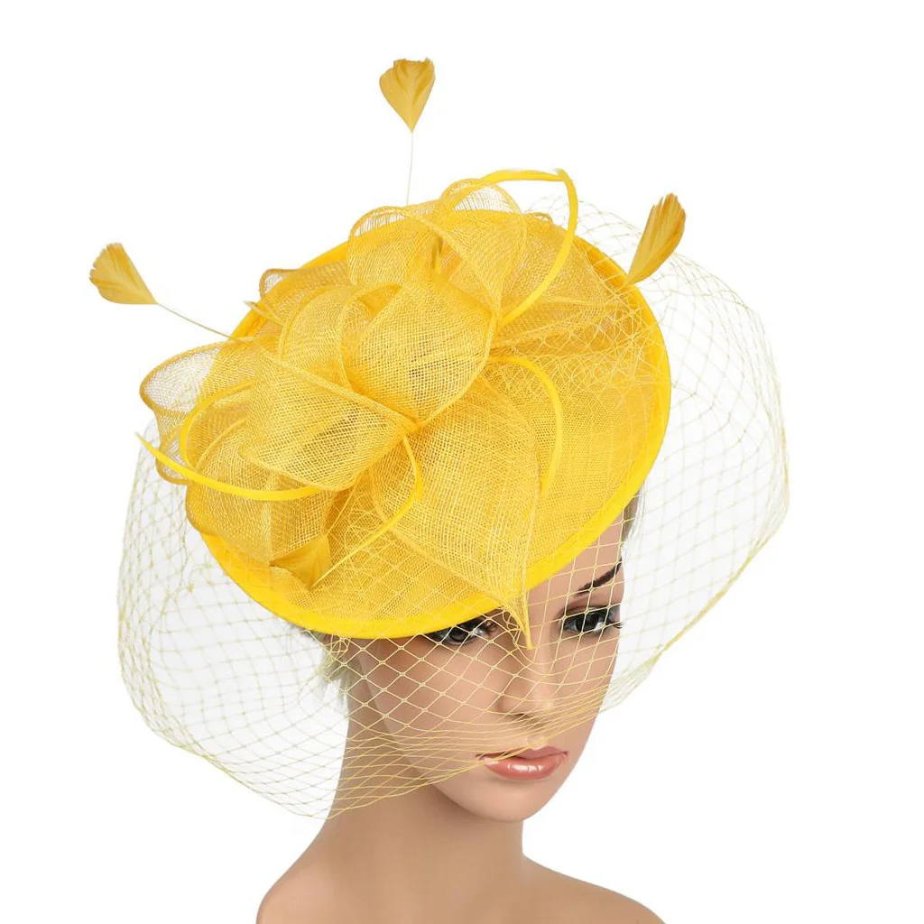Лидер продаж волосы повязка на голову Sinamay шляпа повязка на голову с перьями Вуаль свадебная модная повязка на голову с цветами для девочек аксессуары для волос - Цвет: Yellow