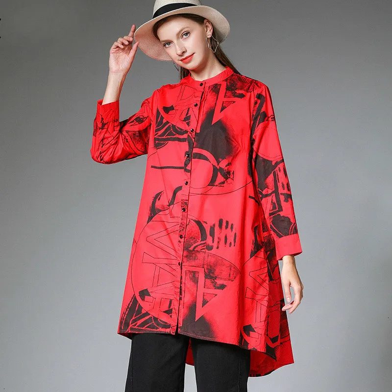 WOMENGAGA New Autumn And Winter New Products Fashion Solid Color Irregular Printing Long Loose Shirt Women's Clothing B108