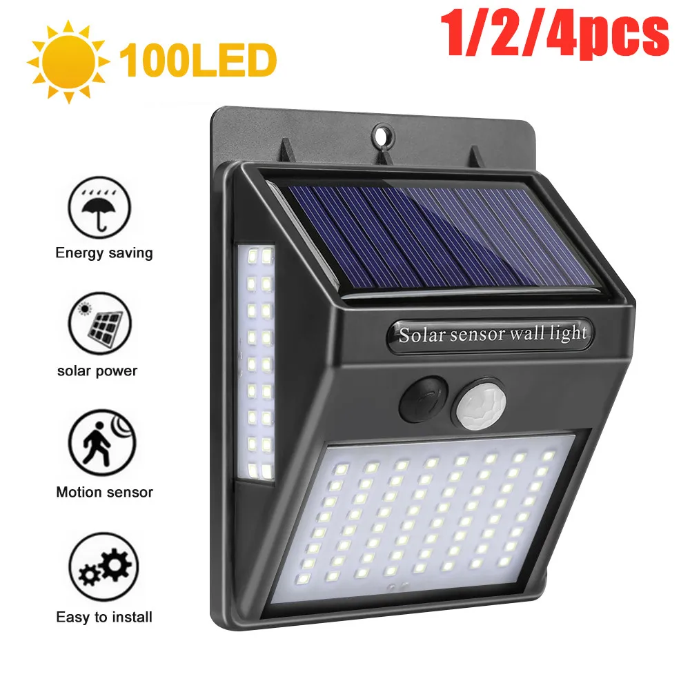

1/2/4pcs 100 LED Outdoor Solar Lamp PIR Motion Sensor Wall Light Waterproof Solar Powered Sunlight for Garden Decoration