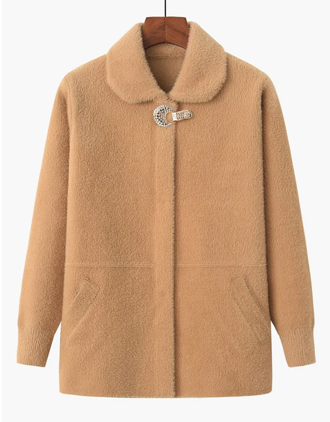 Khaki Autumn And Winter New Middle-Aged Women Mink Cashmere Sweater Coat Plus Size Thick Warm Knit Cardigan Sweater F562 - Color: Khaki