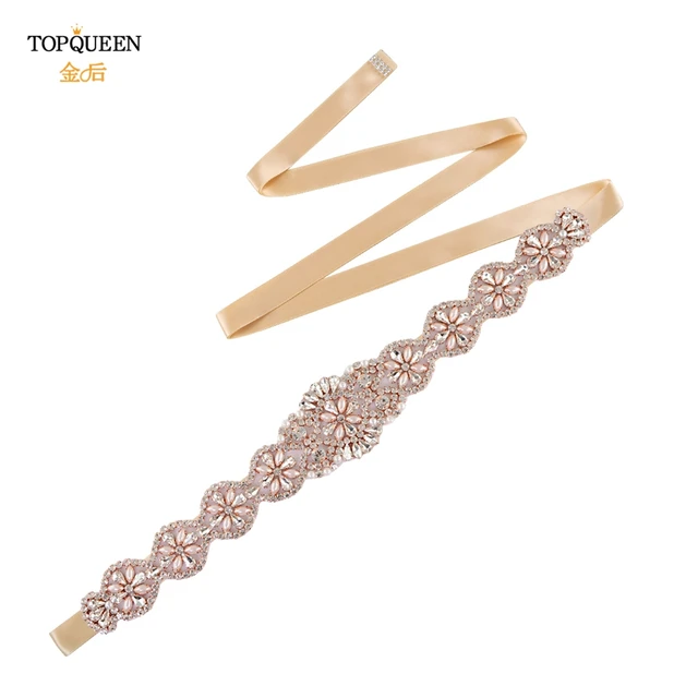 TOPQUEEN S161-RG Bridal Wedding Rose Gold Party Belts for Women Fashion Rhinestone Ribbon Fancy Sash Formal Prom Dress Belt Champagne Ribbon