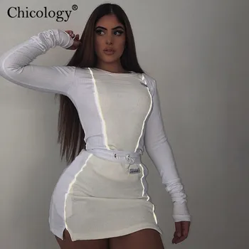 

Chicology letter print reflective strip patchwork top high waist mini skirt 2 two piece set 2019 autumn winter women clothes