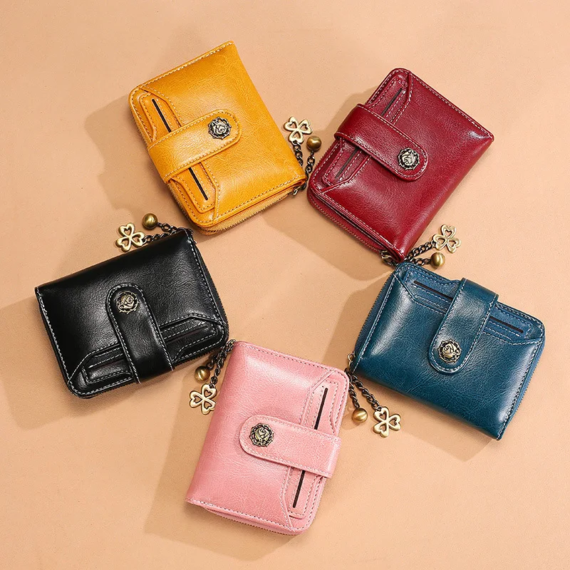 

Women's Short Wallet 2019 Retro Oil Wax Genuine Leather Wallet Women Wild Buckle Simple Fashion Fringe Ladies Clutch Purse Small