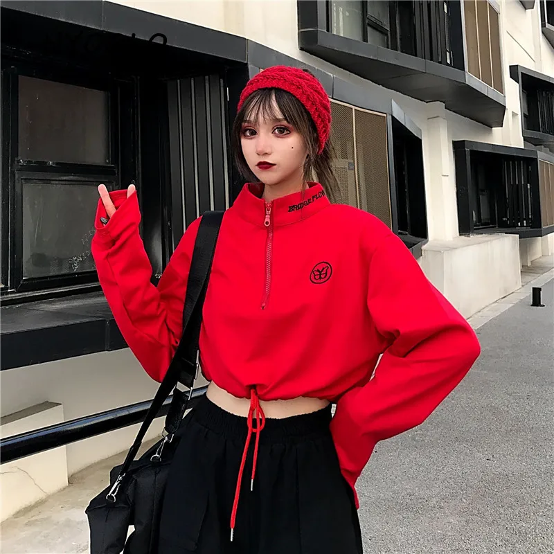 NYOOLO новинка дизайн буквы воротник-стойка с вышивкой Высокая талия красные толстовки осень уличная одежда с длинным рукавом на молнии пуловеры толстовка женская одежда Tops