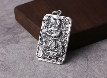 

Solid 999 Sterling Silver Guandi - sword and dragon king men women amulet pendant Charm A4687