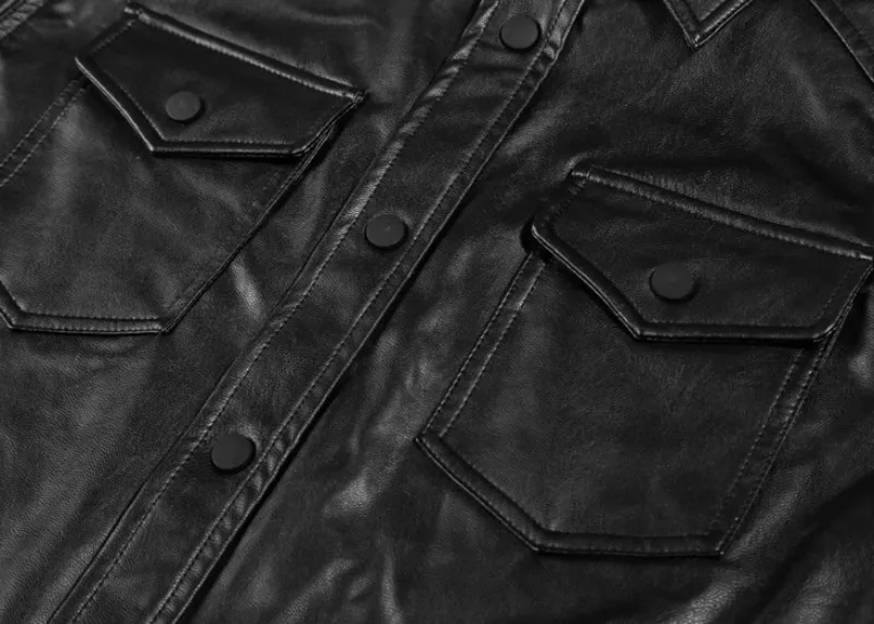 Модные Мужские приталенные рубашки из искусственной кожи, Camisas Hombre, мотоциклетные однобортные топы из искусственной кожи, повседневные рубашки с длинным рукавом