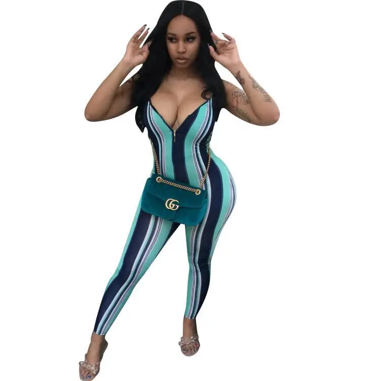 Комбинезоны женские s комбинезон Синий Полосатый v-образный вырез Bodycon без рукавов тонкий молния Женский пикантный комбинезон полосатый Женский Летний Повседневный