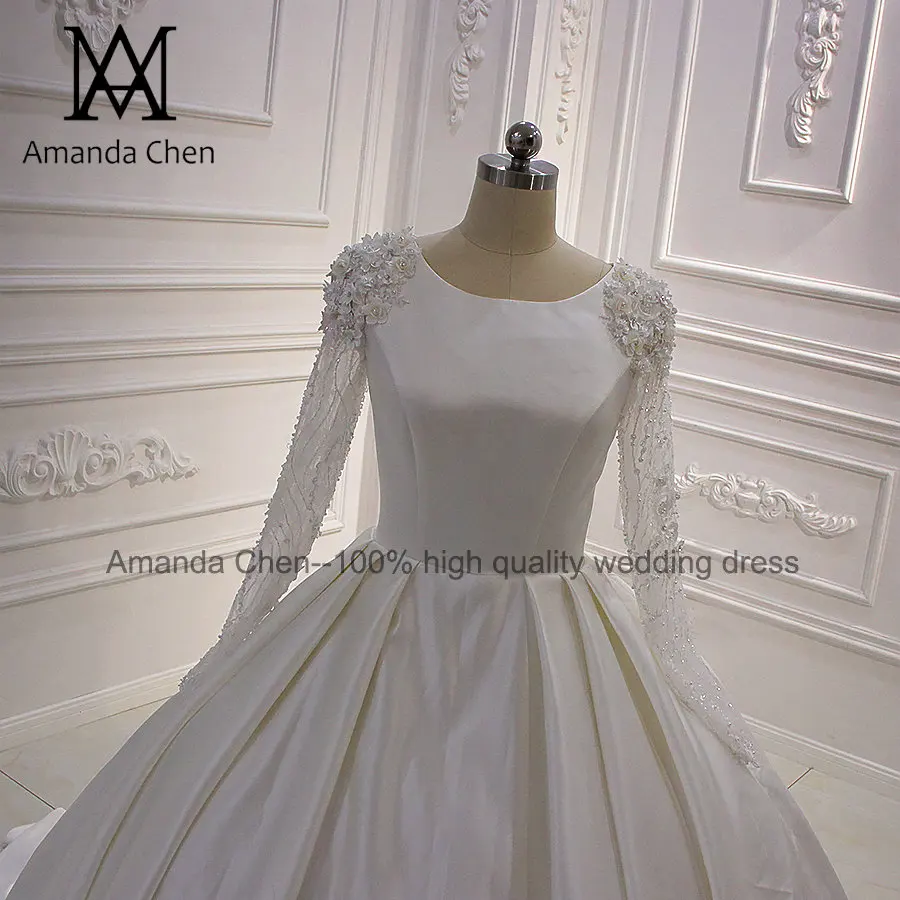 Robe mariee Кристалл Атласное мусульманское с длинным рукавом свадебное платье