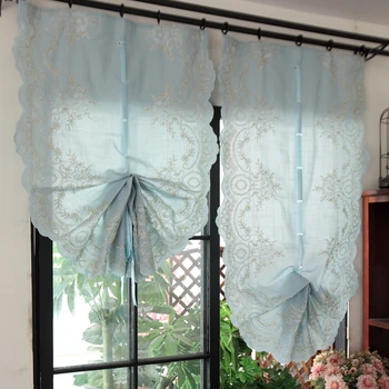 

Curtain pastoral Roman curtain blue embroidered short curtain kitchen living room bedroom decorative Tulle curtain