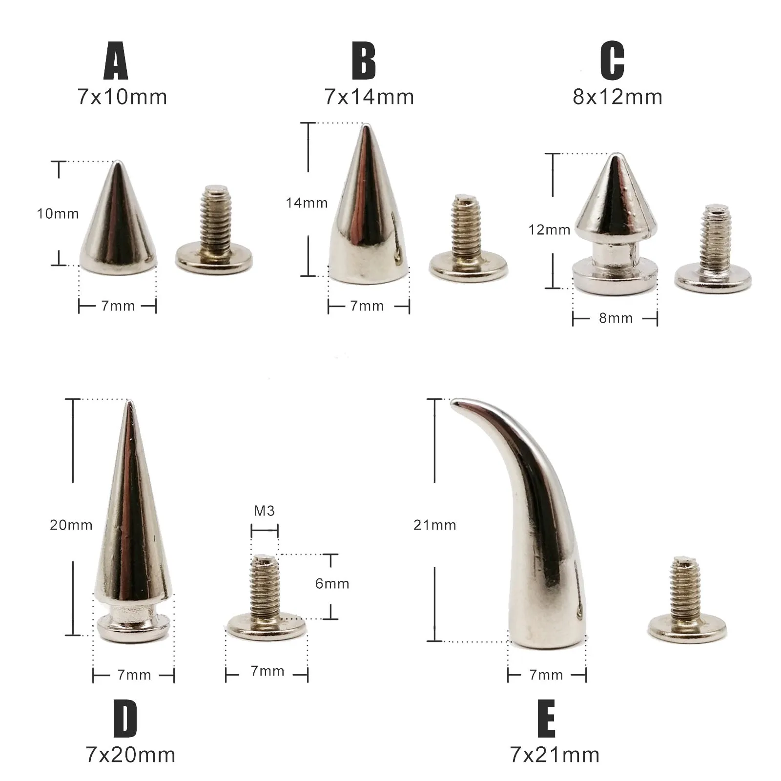 Metal Studs 10 sets Decor Punk Bullet Sharp Spike Cone Screw Back Rivet Stud for DIY Leather Bag Belt Clothes Jacket Shoes