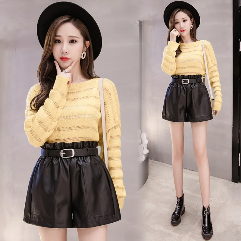 PU Leather Wide-legged Shorts Women Empire PU Ruffles Elastic Waist Shorts Girls A-line Faux Leather Shorts Bottoms GD5588