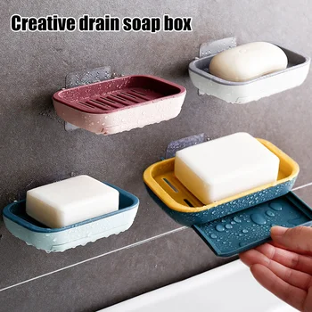 

Wall Mounted No Drilling Soap Box with Drain Plate Self Adhesive Soap Holder Bathroom Accessories JS23