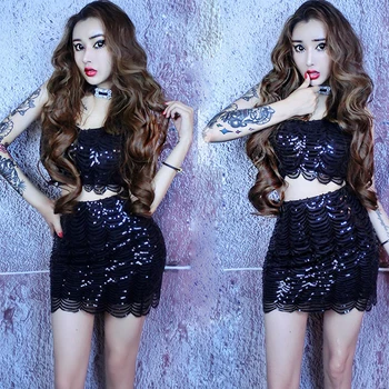 

Jazz Dance Costumes Black Sequined Sling Top Skirt Nightclub Singer Dj Women Rave Clothes Stage Outfit Pole Dancewear DNV11786