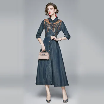 

European American Embroidered Denim Dress with Three-quarter Sleeves Is High Showy Temperament Fashion Trend Dress for Women