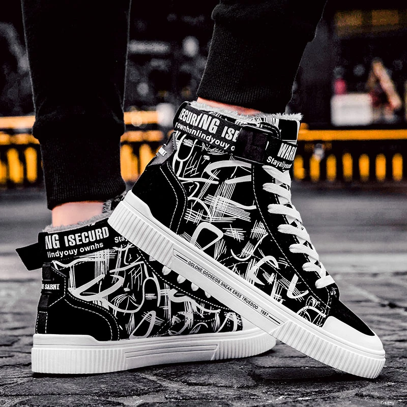 Zapatillas de colores Zapatos altos para hombre zapatillas de invierno de felpa Graffiti moda calle desgaste Tenis vulcanizado de hombre| - AliExpress