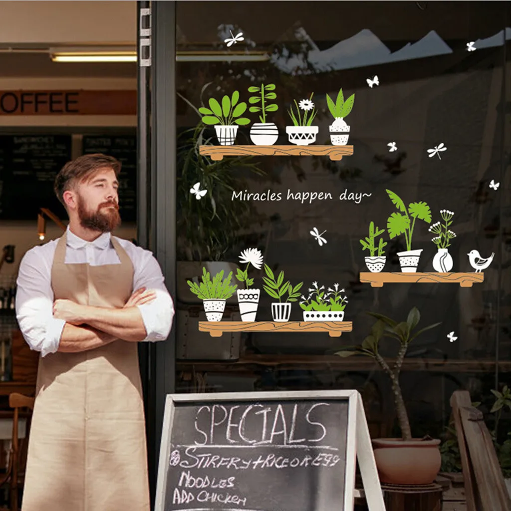 

DIY Glass Door Cafe Decoration Wall Stickers Home Decor Potted Flower Pot Kitchen Window Glass Bathroom Decals Waterproof A3087