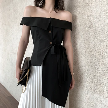 

Runways Trend Women Blouse Tops Shirts Irregular Lace Up Sexy Off The Shoulder Black Khaki Casual Blouses Party Wear 2019Summer