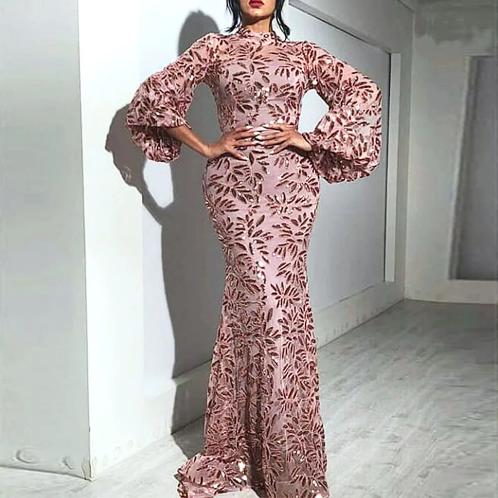 

Pink Sequins Print Prom Party Dress Autumn 2020 Evening Formal Gown Long Robe Femme Elegant 3/4 Sleeve Mermaid Vestidos
