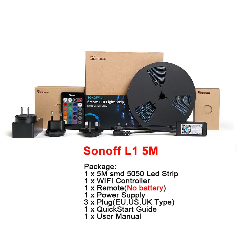Sonoff L1 2 M/5 M светодиодный Wi-Fi светильник с дистанционным управлением, гибкий умный светодиодный светильник RGB, работает с Google Home - Комплект: SONOFF L1 5M